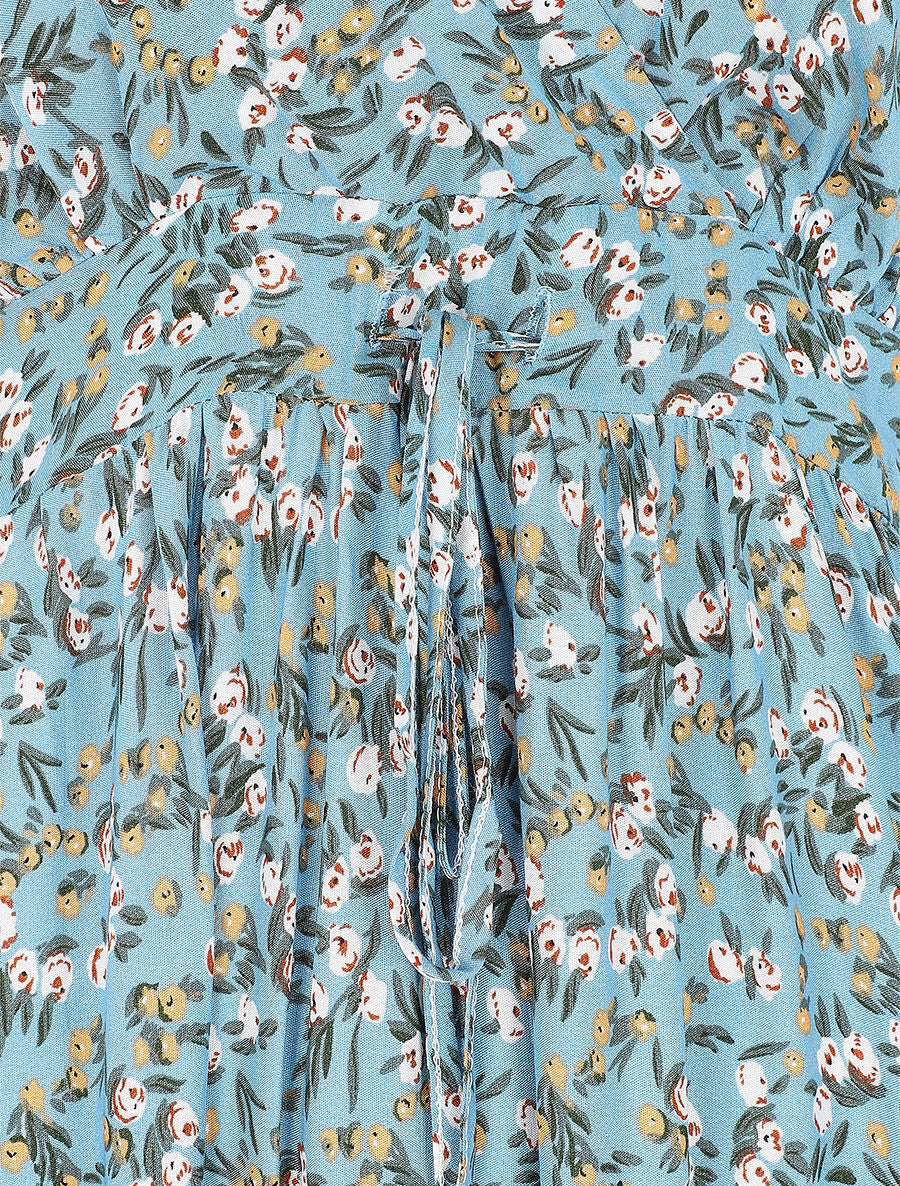 Robe longue cintrée imprimée petites fleurs printanières - Turquoise - Image 3
