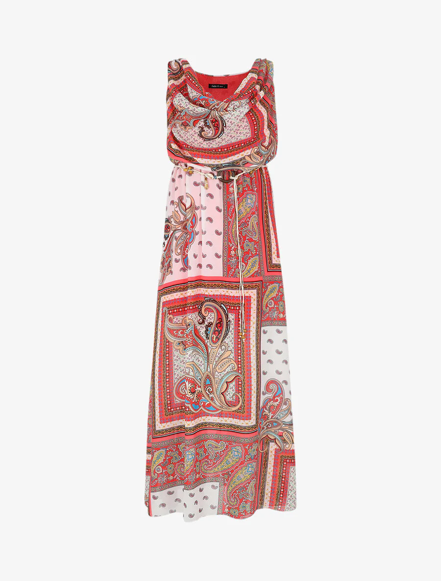 Robe longue col bénitier imprimé cachemire - Rouge - Image 2