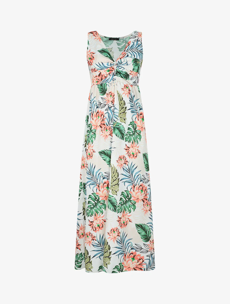 Robe longue col V torsadé imprimé tropical - Blanc