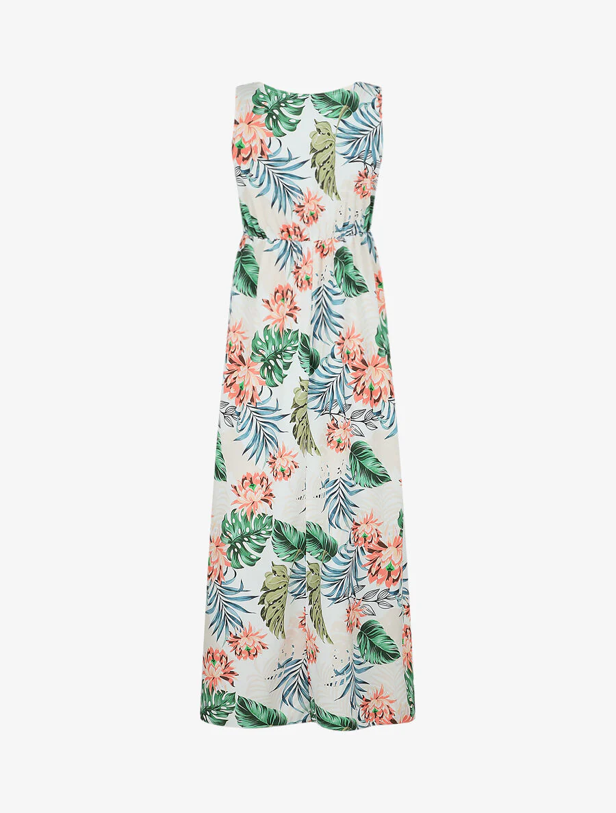 Robe longue col V torsadé imprimé tropical - Blanc - Image 2