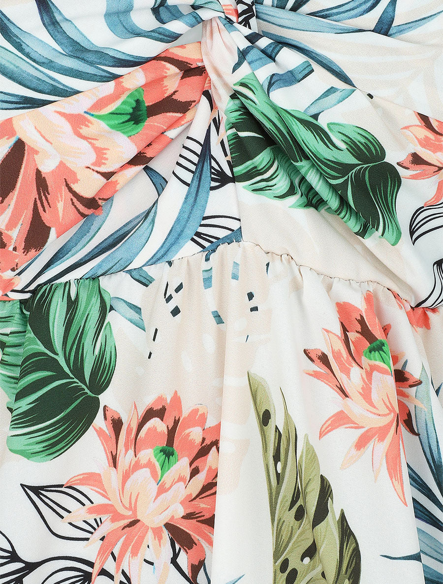 Robe longue col V torsadé imprimé tropical - Blanc - Image 3