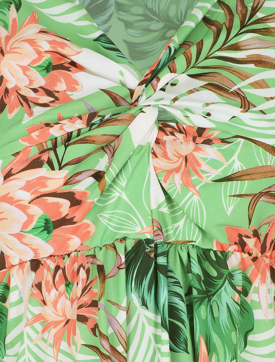 Robe longue col V torsadé imprimé tropical - Vert - Image 3