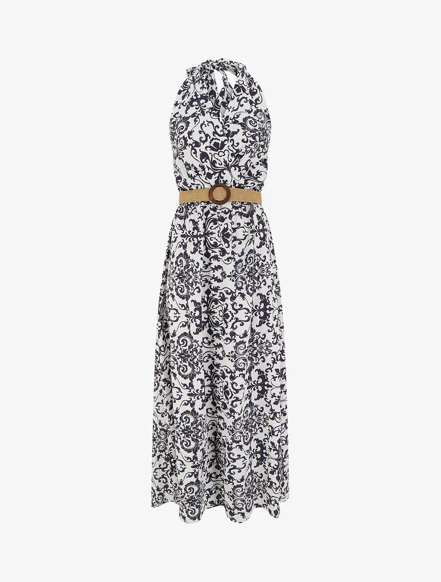 Robe longue dos nu à imprimé arabesque - Marine