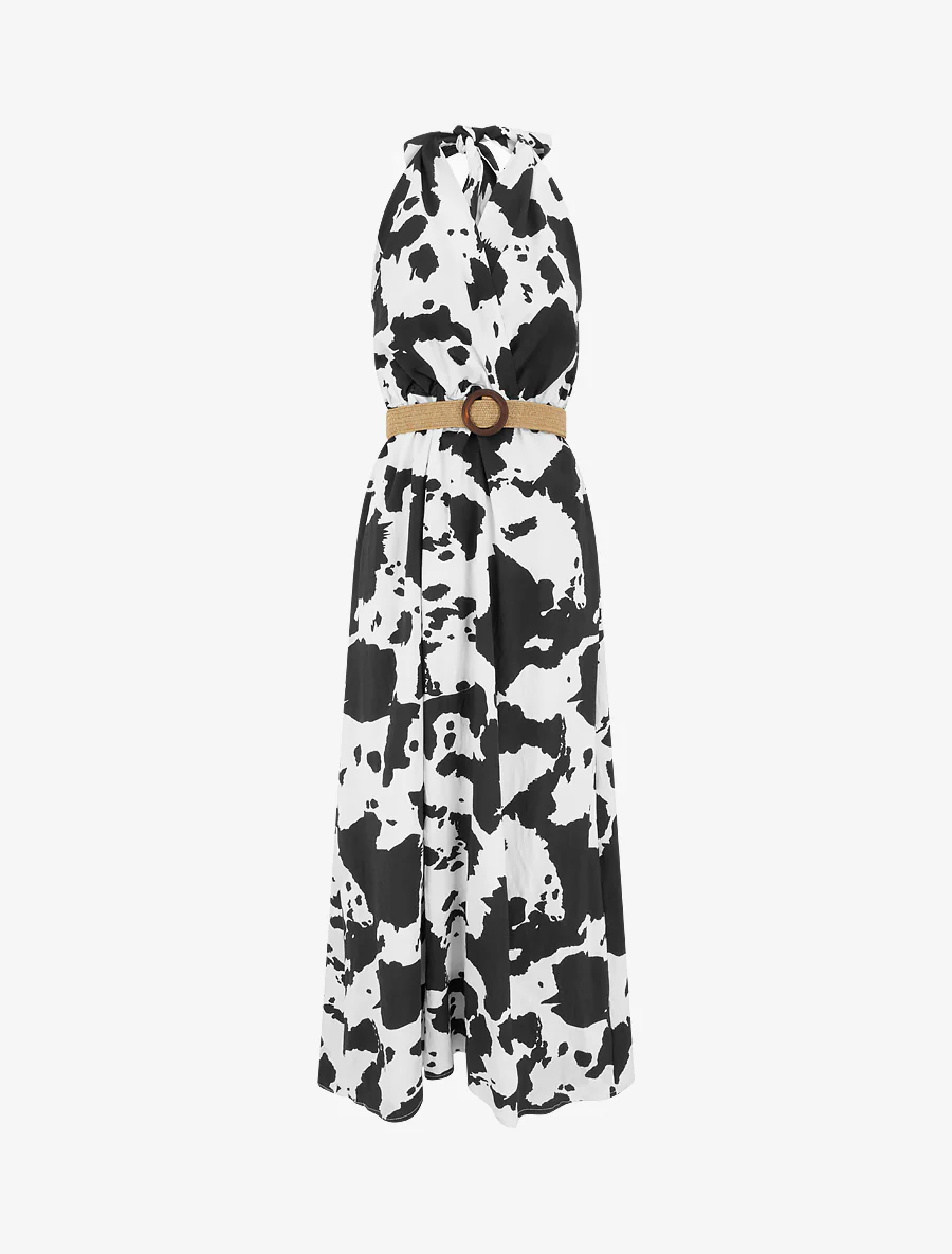 Robe longue dos nu à imprimé vache - Noir