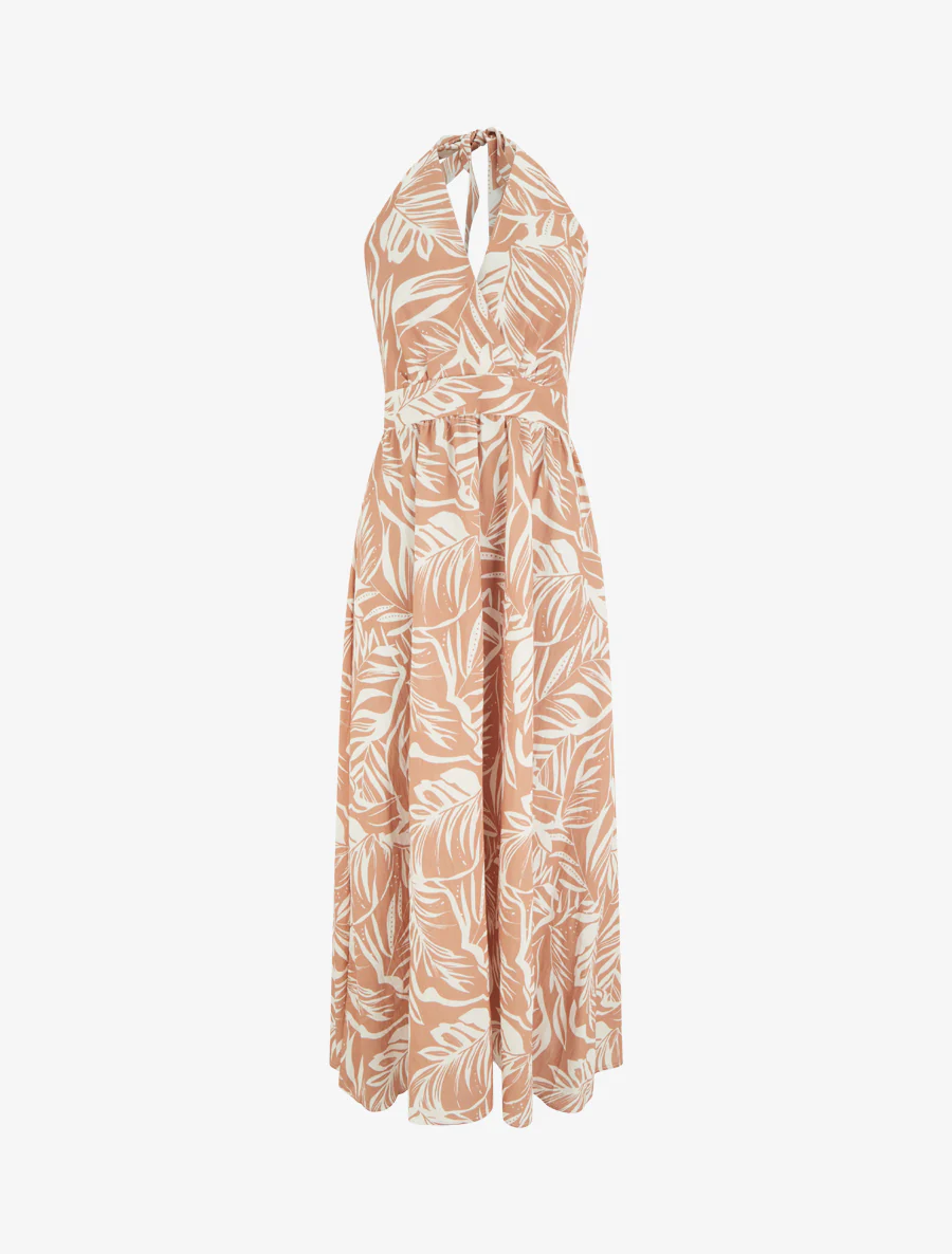 Robe longue dos nu imprimé feuillage - Terracotta