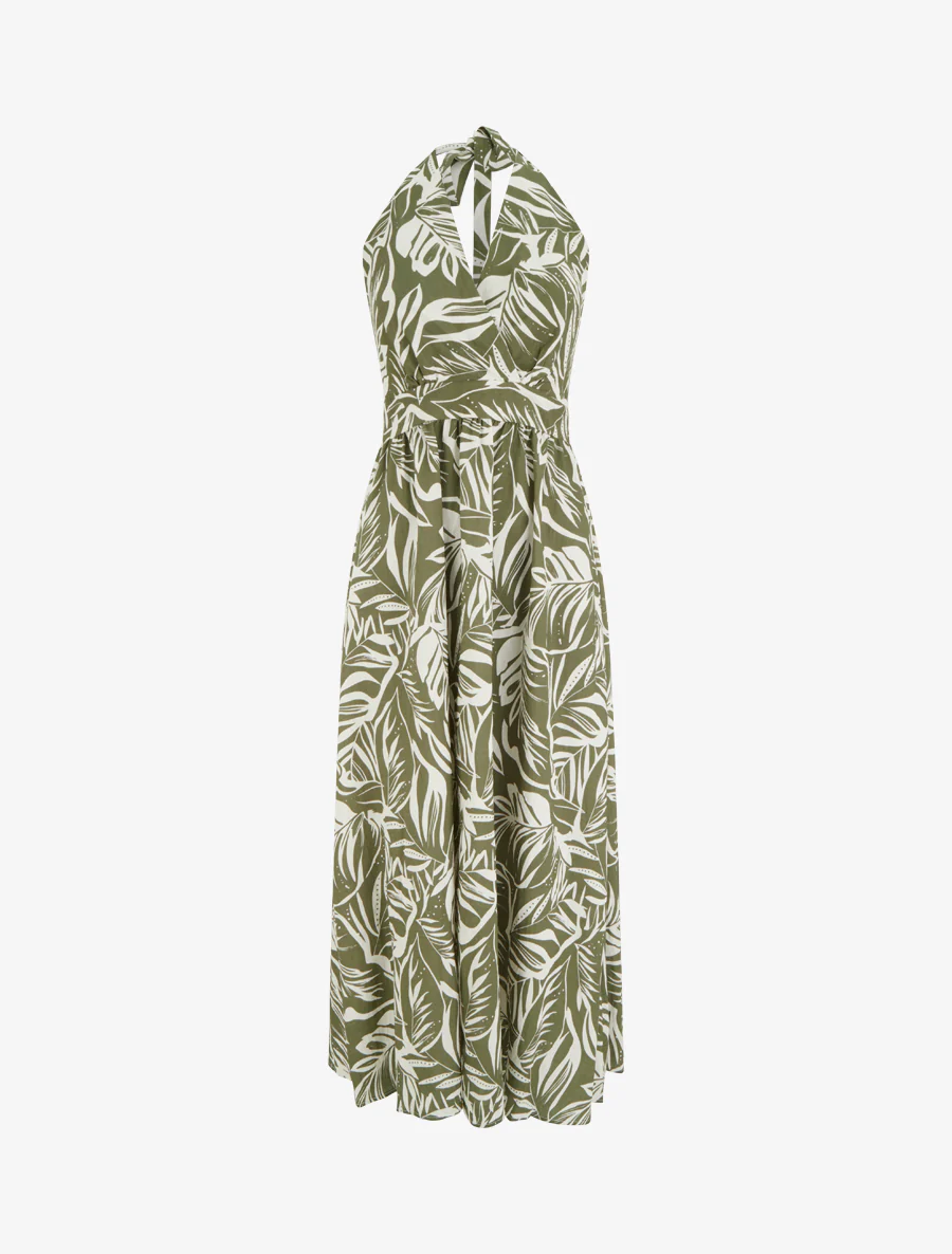 Robe longue dos nu imprimé feuillage - Kaki