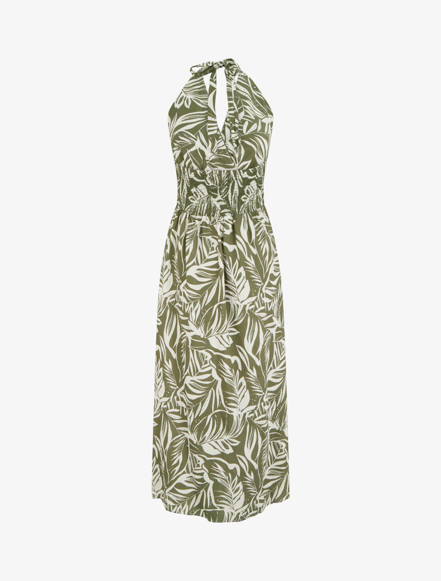 Robe longue dos nu imprimé feuillage - Kaki - Image 2