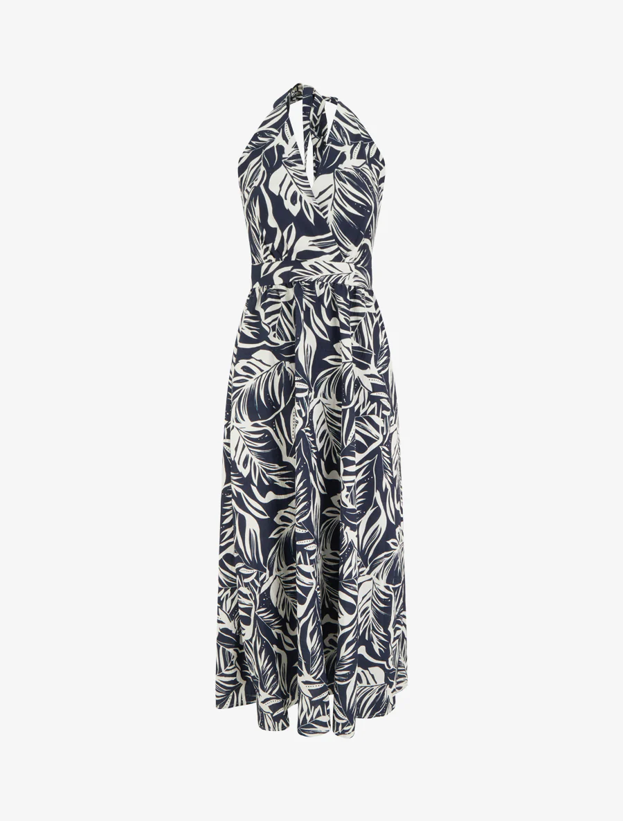 Robe longue dos nu imprimé feuillage - Marine