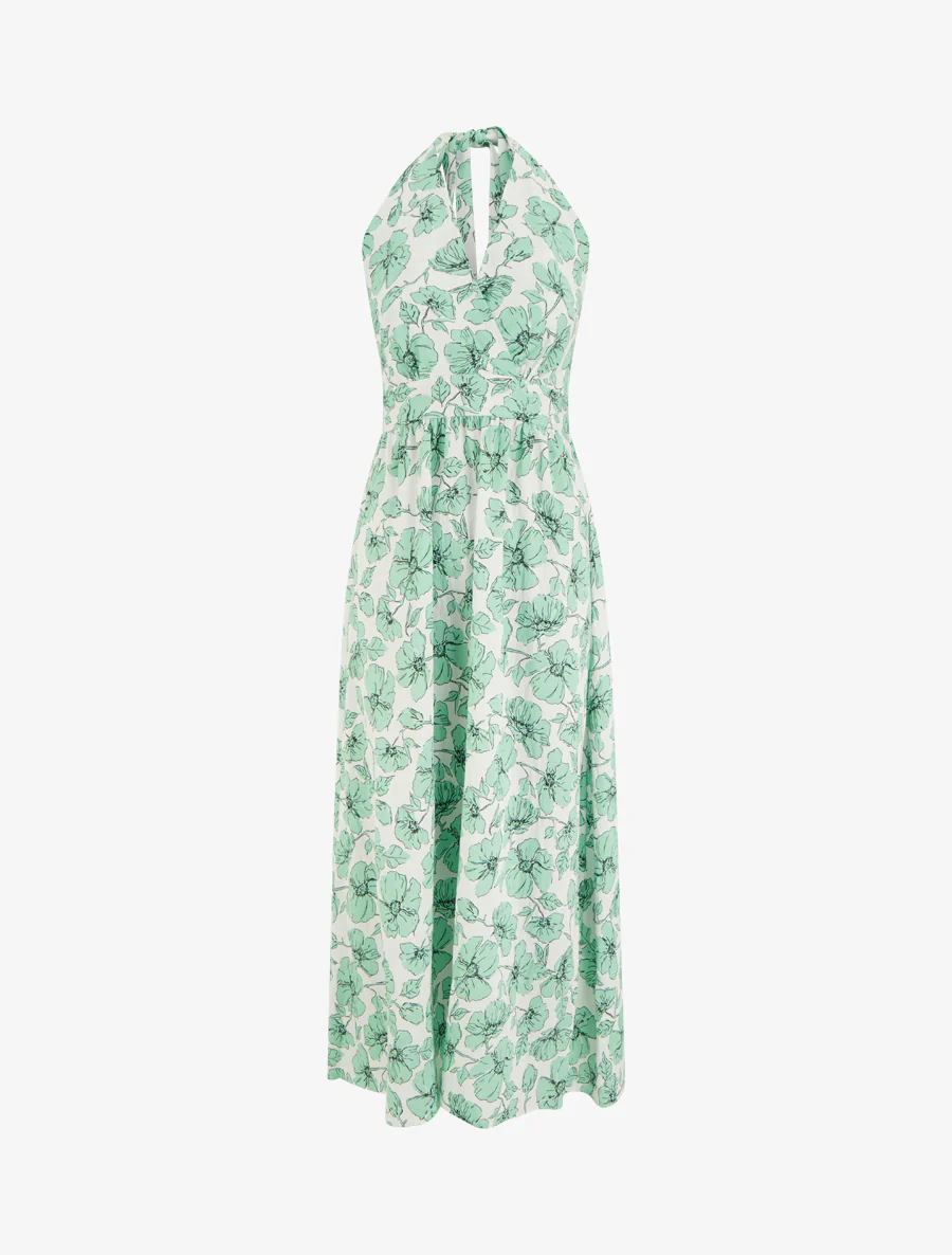 Robe longue dos nu imprimé floral - Vert menthe