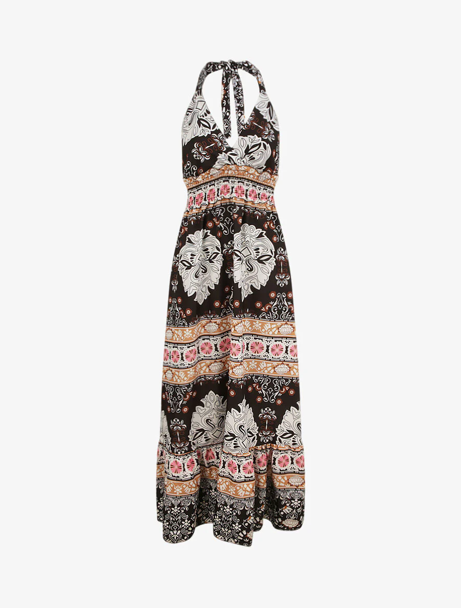 Robe longue dos nu imprimé mosaïque - Noir