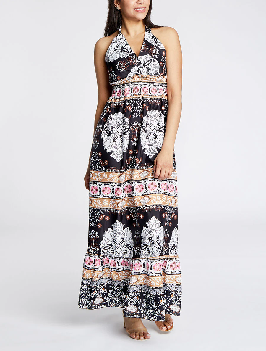 Robe longue dos nu imprimé mosaïque - Noir - Image 4
