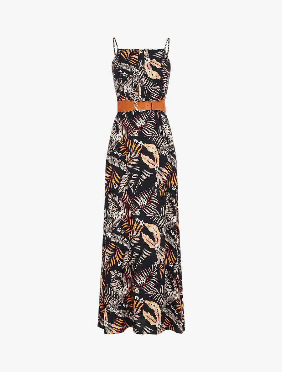 Robe longue droite à imprimé feuillage - Bleu nuit