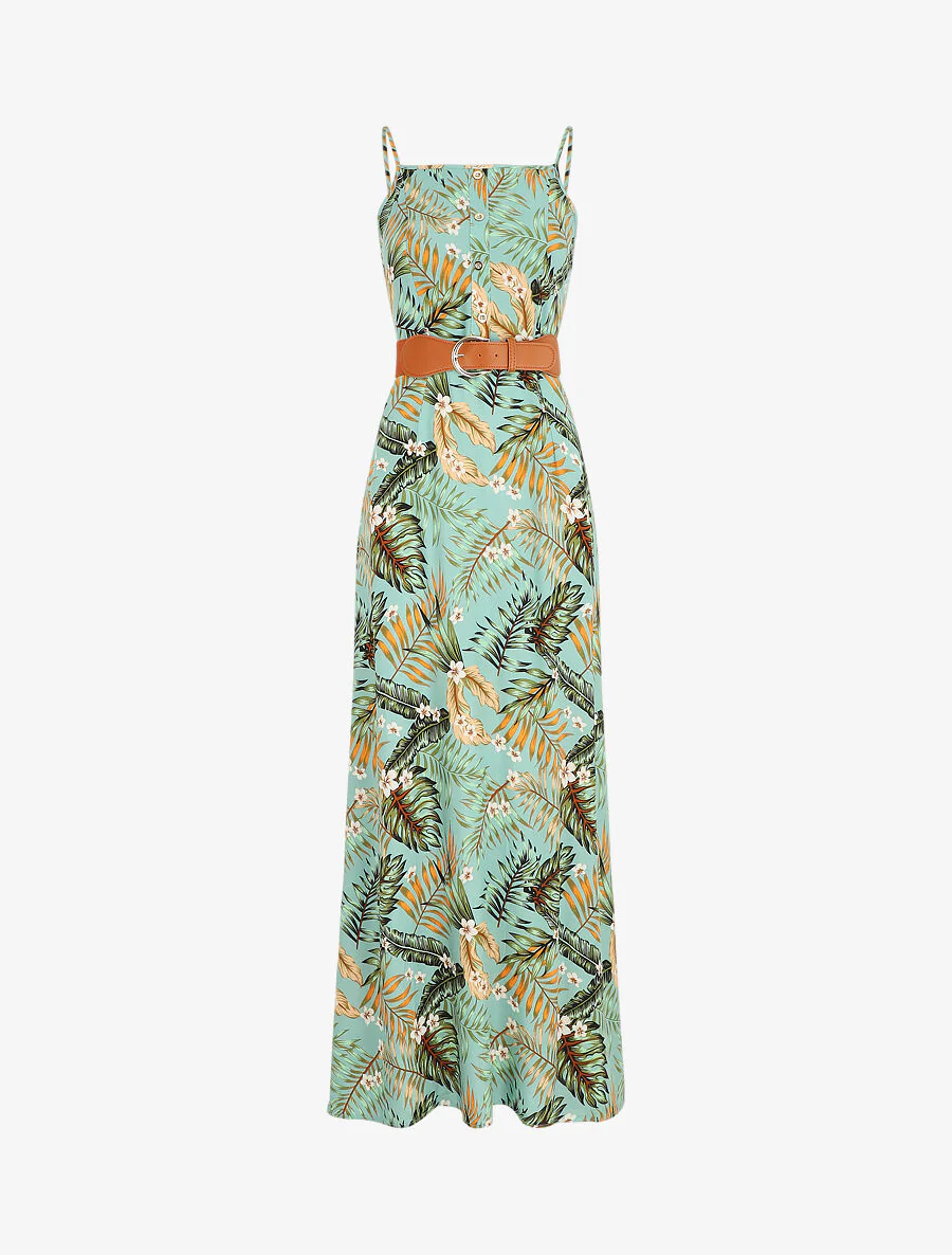 Robe longue droite à imprimé feuillage - Vert d'eau