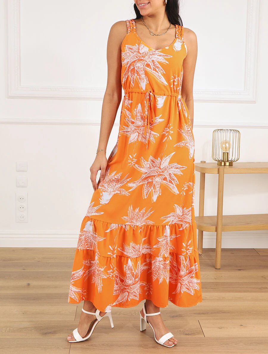 Robe longue droite à imprimé fleurs - Orange - Image 4