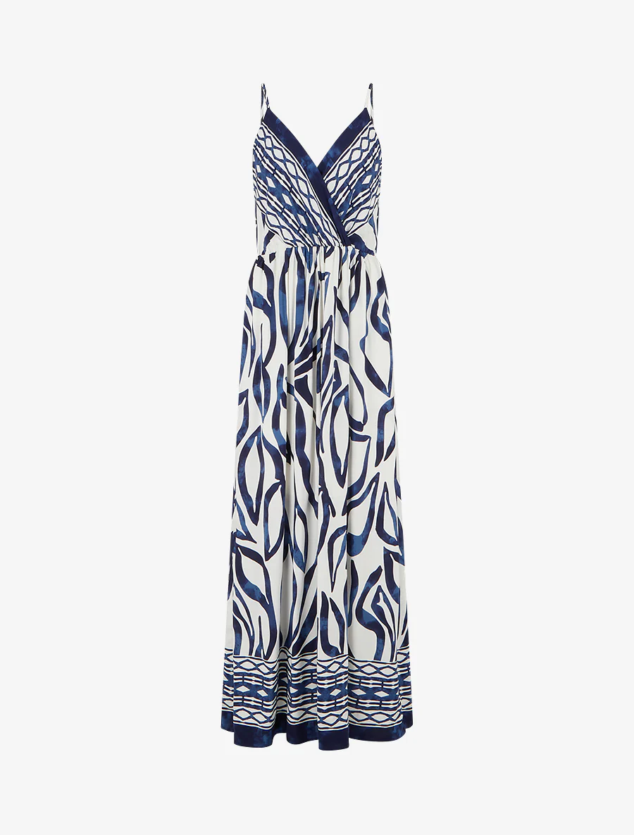 Robe longue élastiquée à imprimé fantaisie - Marine