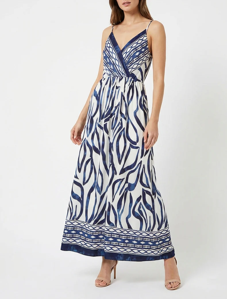 Robe longue élastiquée à imprimé fantaisie - Marine - Image 4