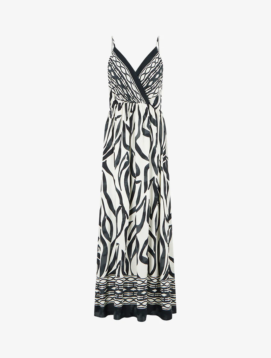 Robe longue élastiquée à imprimé fantaisie - Noir