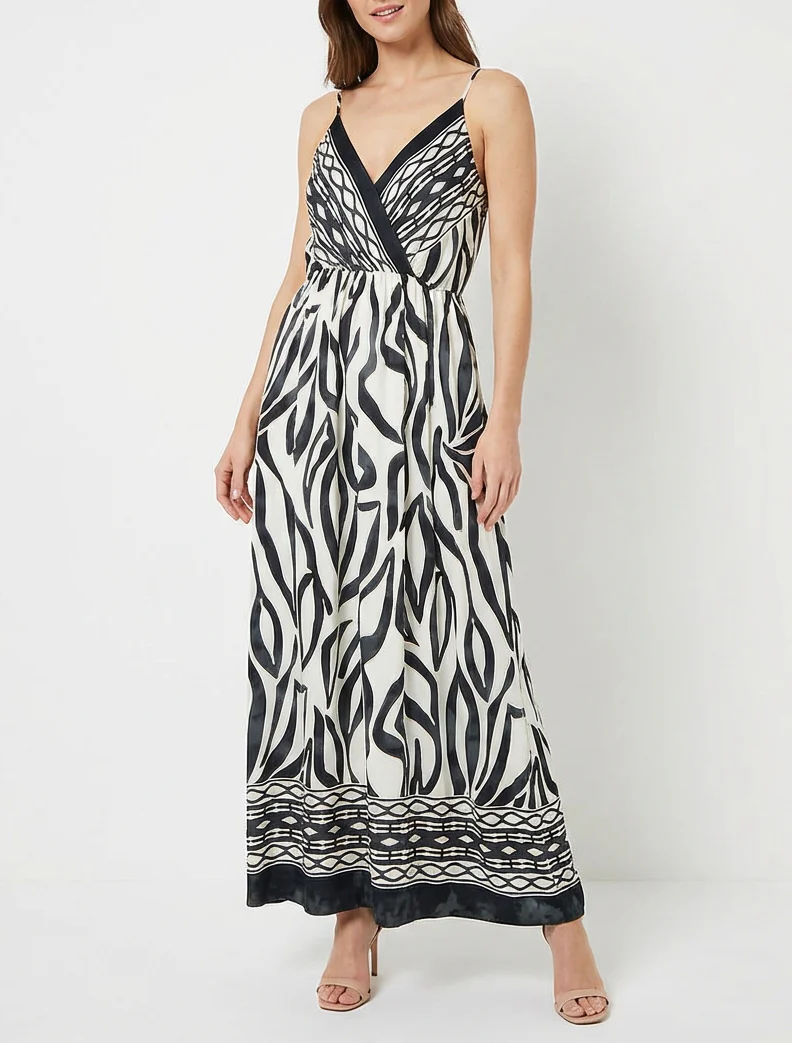 Robe longue élastiquée à imprimé fantaisie - Noir - Image 4