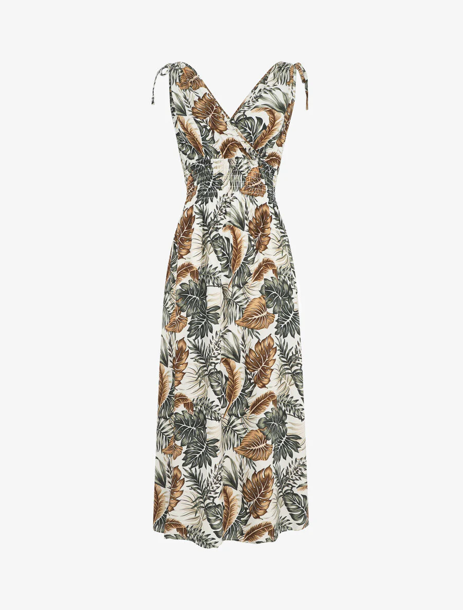 Robe longue élastiquée à imprimé feuilles - Blanc