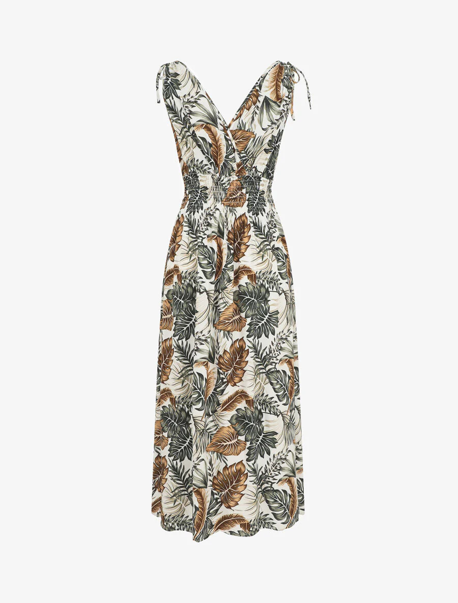Robe longue élastiquée à imprimé feuilles - Blanc - Image 2