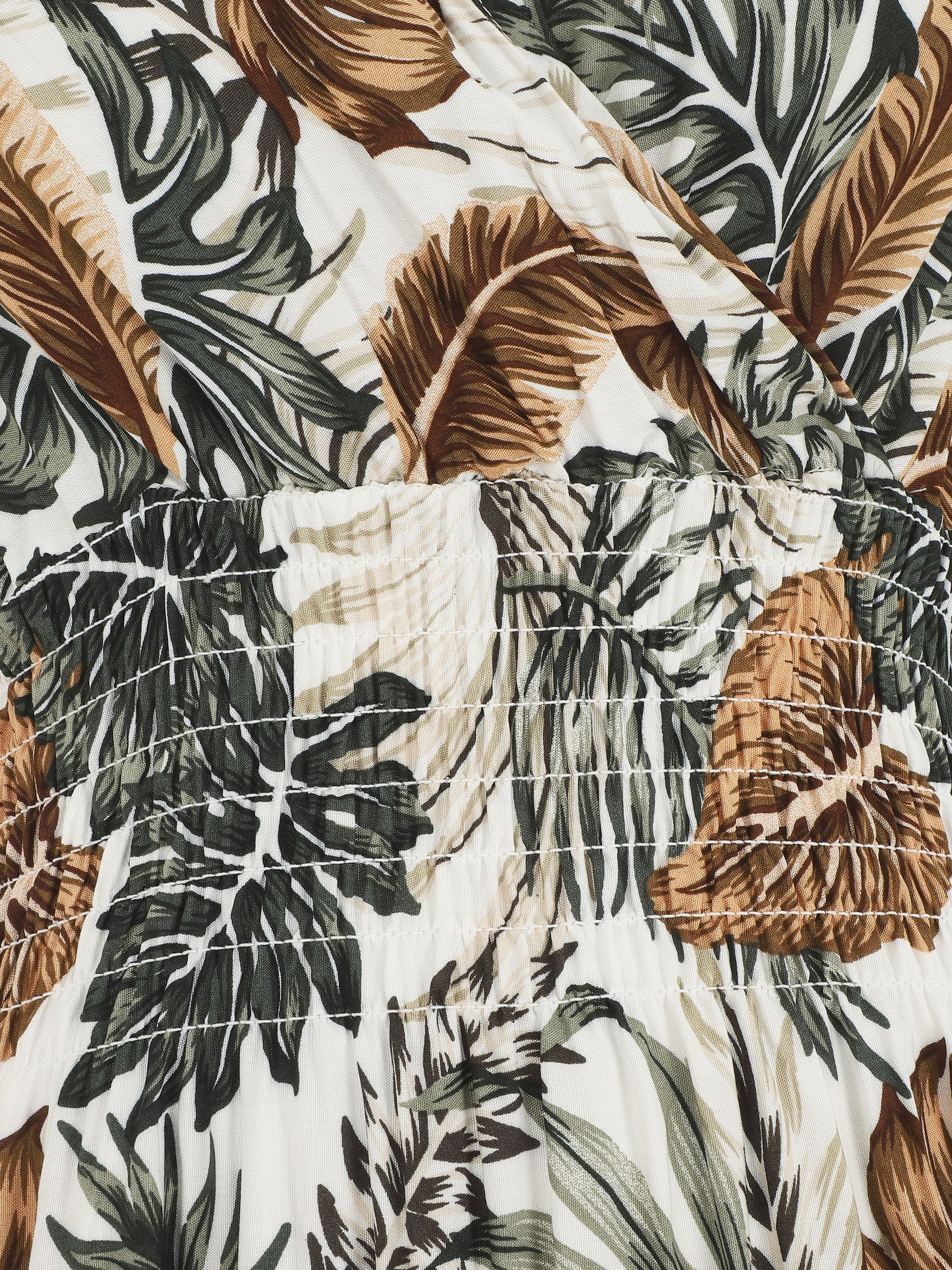 Robe longue élastiquée à imprimé feuilles - Blanc - Image 3