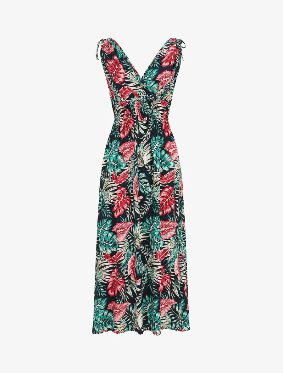 Robe longue élastiquée à imprimé feuilles - Bleu nuit