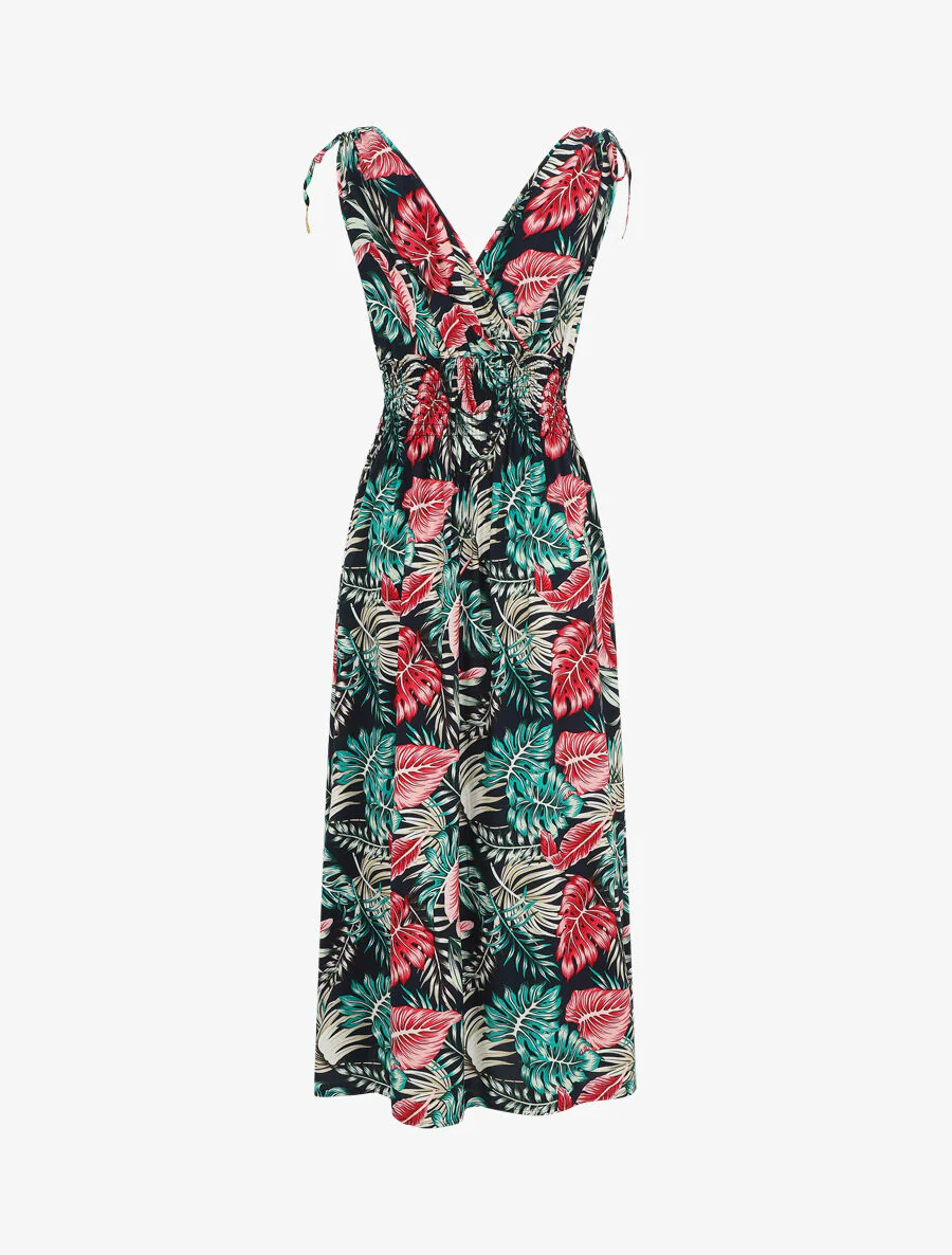 Robe longue élastiquée à imprimé feuilles - Bleu nuit - Image 2