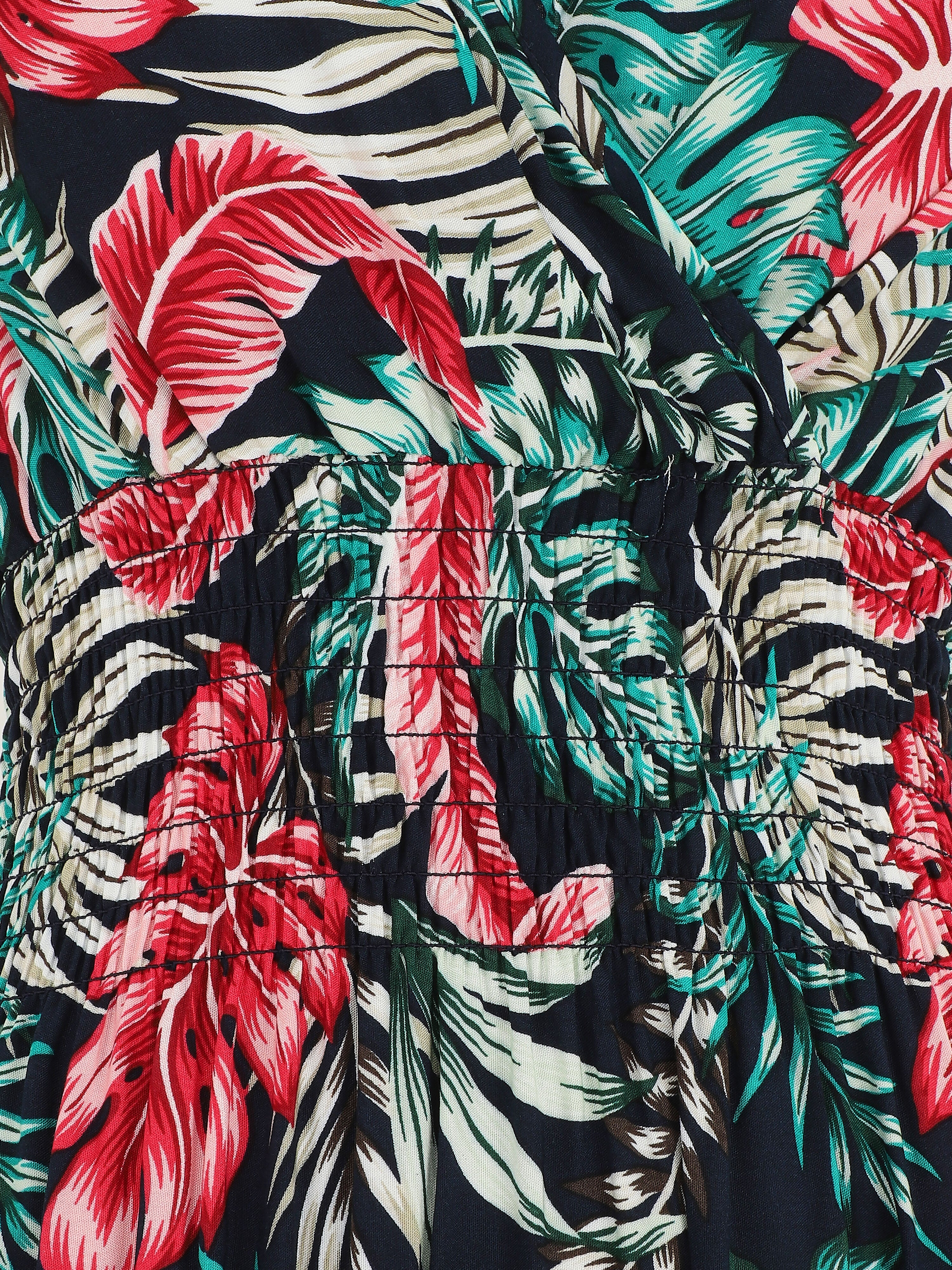 Robe longue élastiquée à imprimé feuilles - Bleu nuit - Image 3