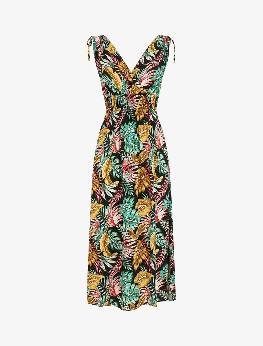 Robe longue élastiquée à imprimé feuilles - Noir