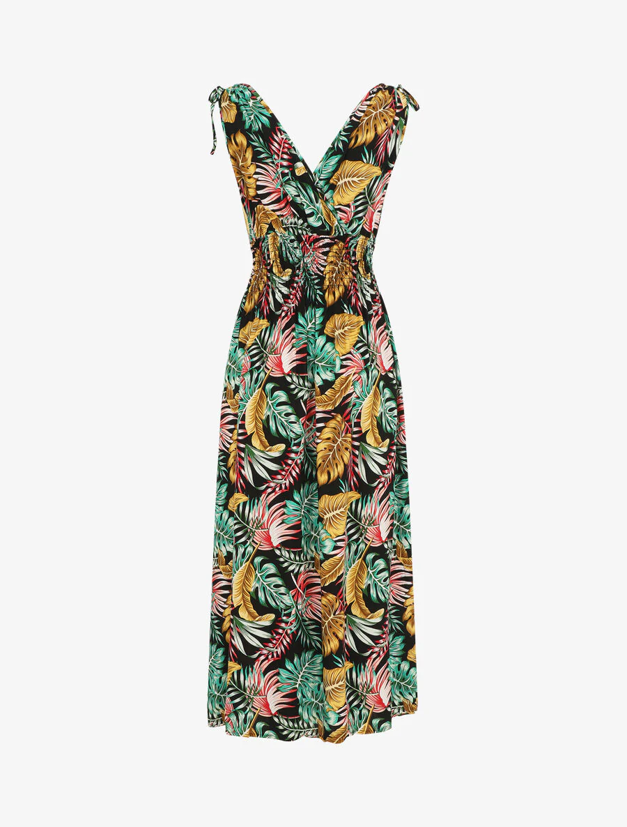 Robe longue élastiquée à imprimé feuilles - Noir - Image 2