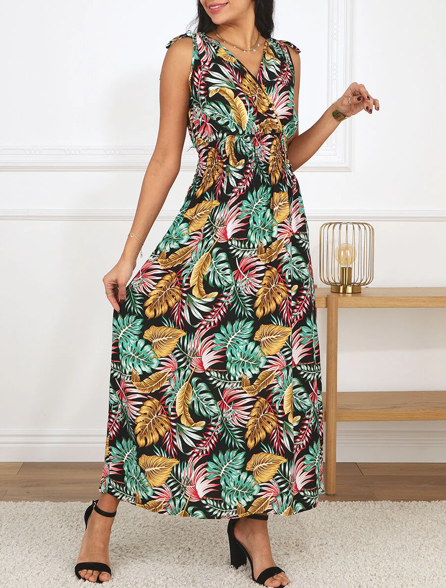 Robe longue élastiquée à imprimé feuilles - Noir - Image 4