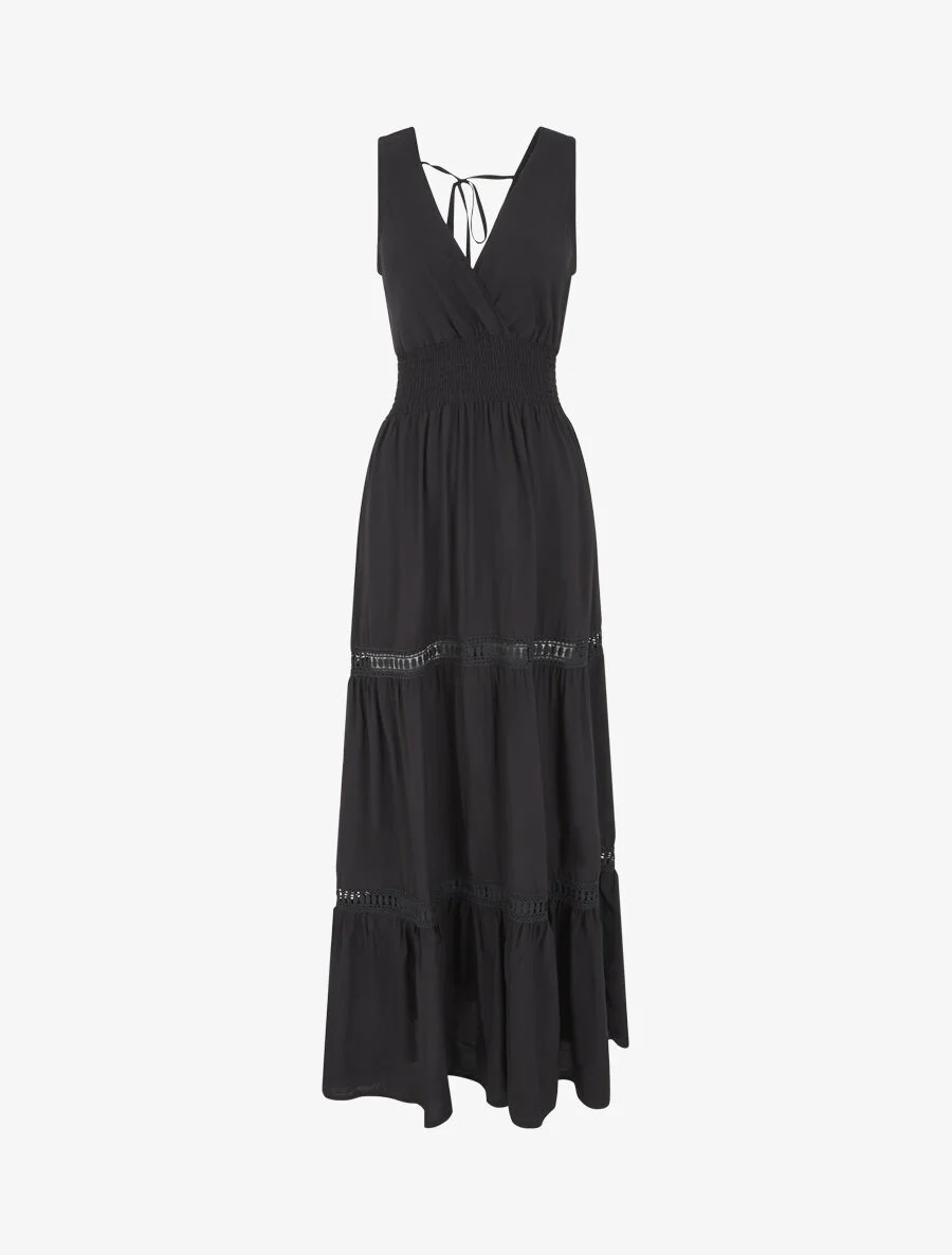 Robe longue élastiquée et liens à nouer - Noir
