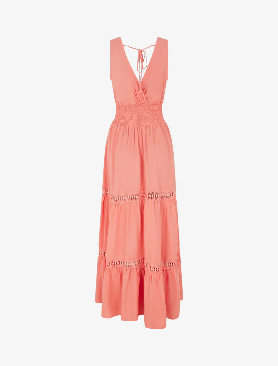 Robe longue élastiquée et liens à nouer - Corail - Image 2