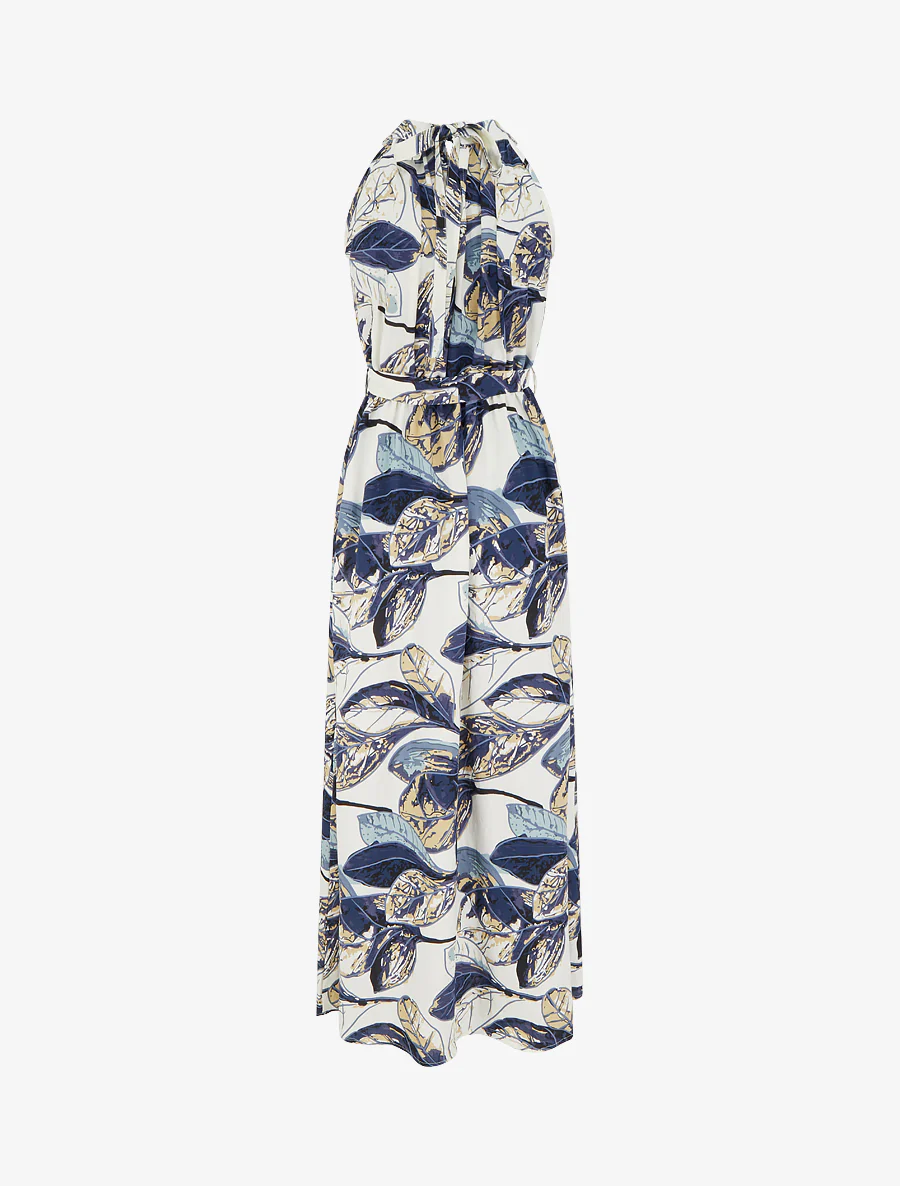 Robe longue élastiquée imprimé feuillage - Marine - Image 2
