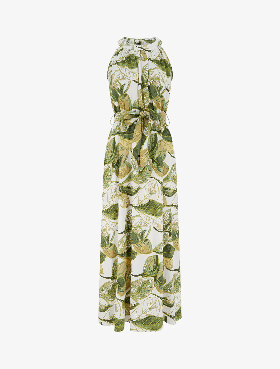 Robe longue élastiquée imprimé feuillage - Kaki