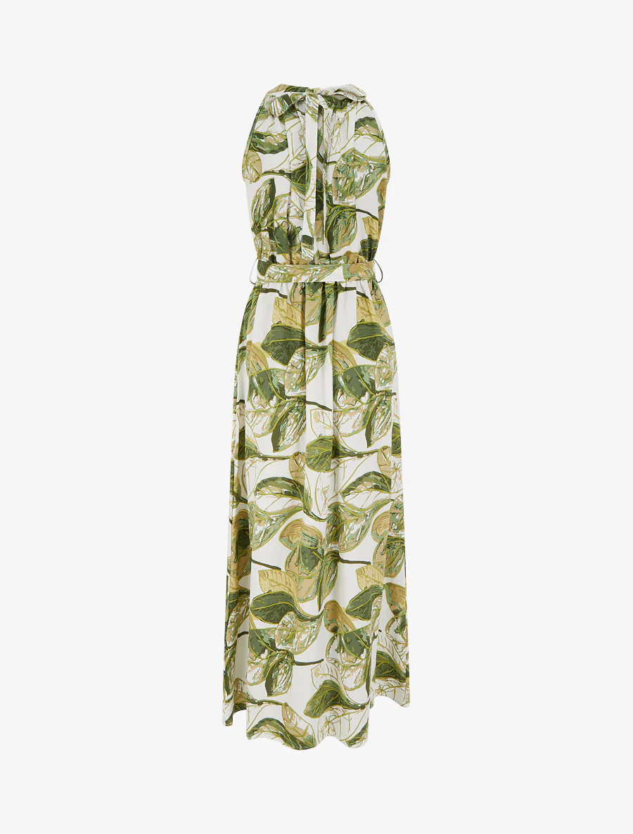 Robe longue élastiquée imprimé feuillage - Kaki - Image 2