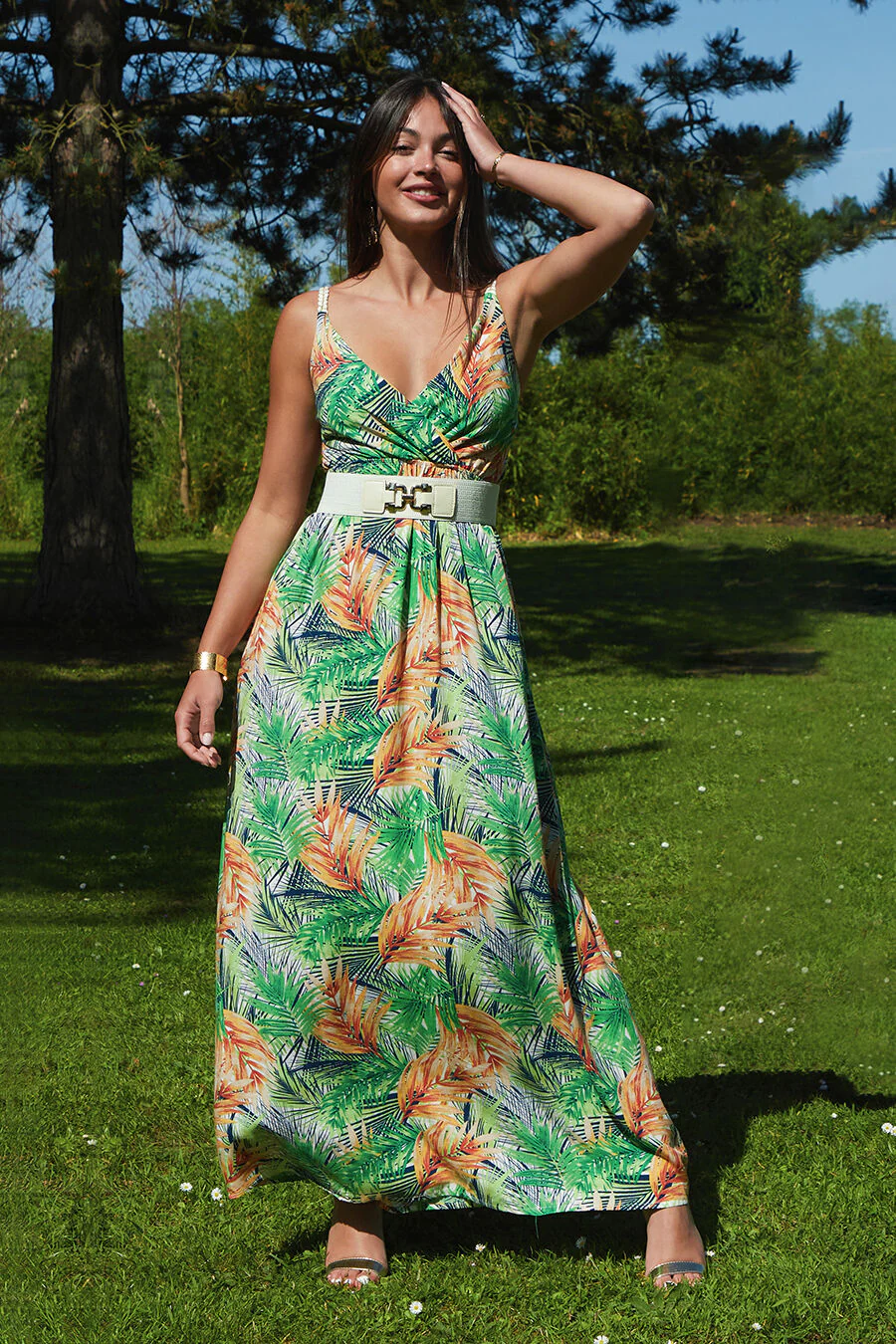 Robe longue élastiquée imprimé feuilles - Blanc