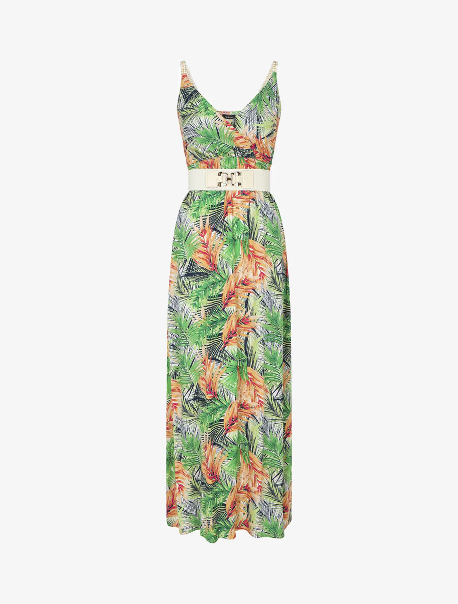 Robe longue élastiquée imprimé feuilles - Blanc - Image 2