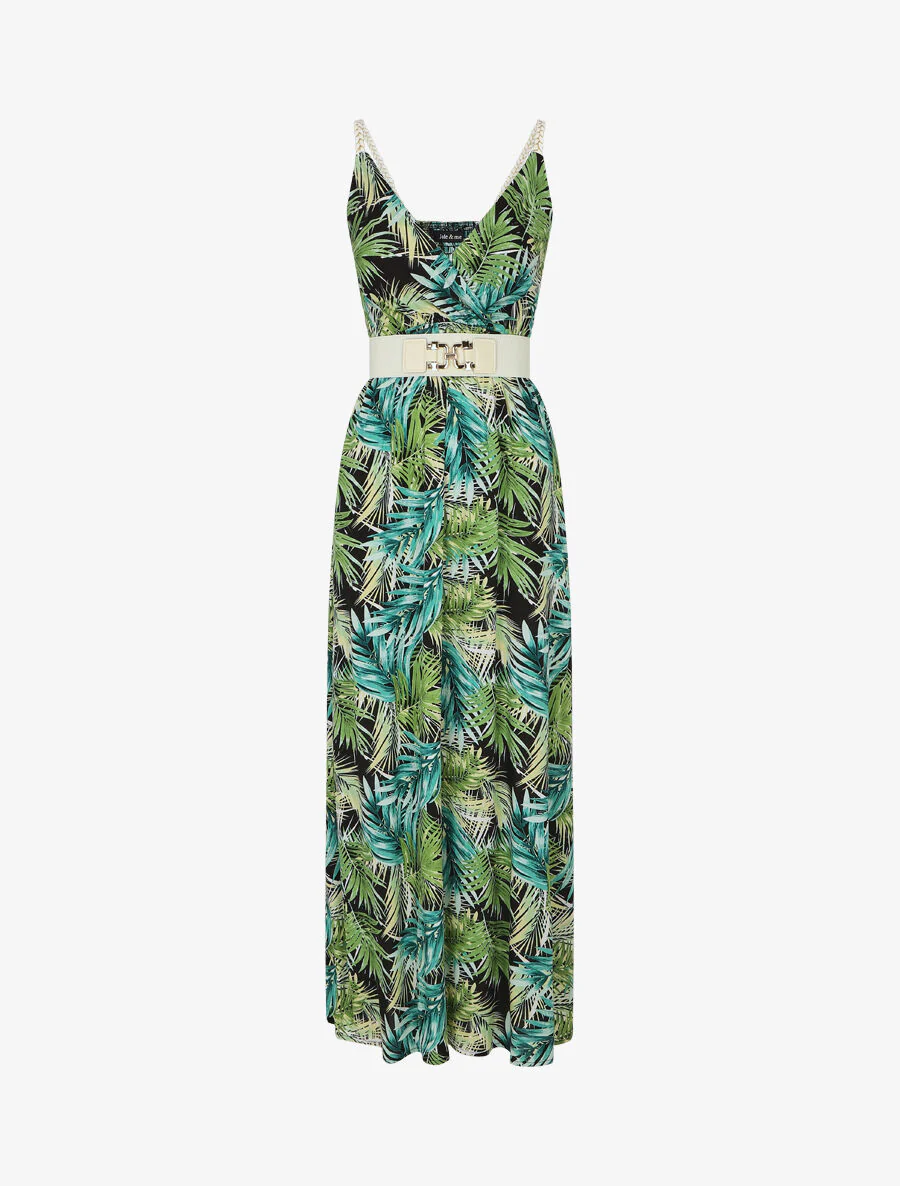 Robe longue élastiquée imprimé feuilles - Noir