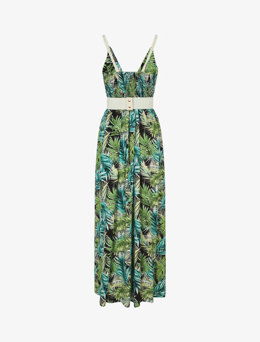 Robe longue élastiquée imprimé feuilles - Noir - Image 2
