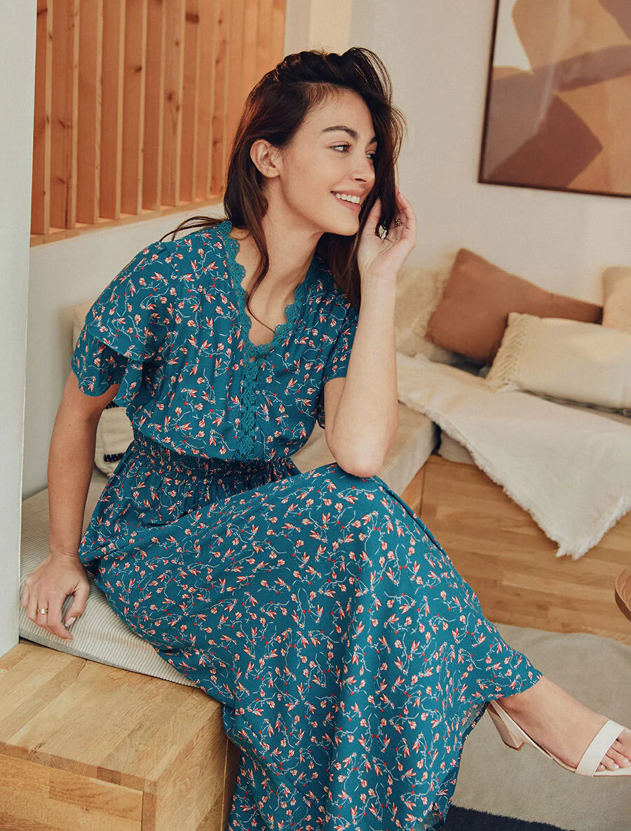 Robe longue élastiquée imprimé fleuri - Bleu canard