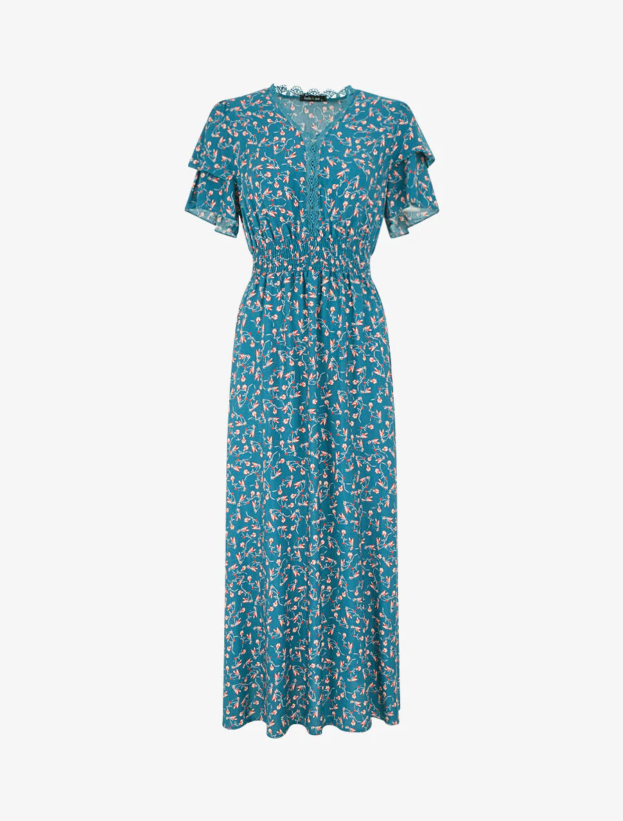 Robe longue élastiquée imprimé fleuri - Bleu canard - Image 2