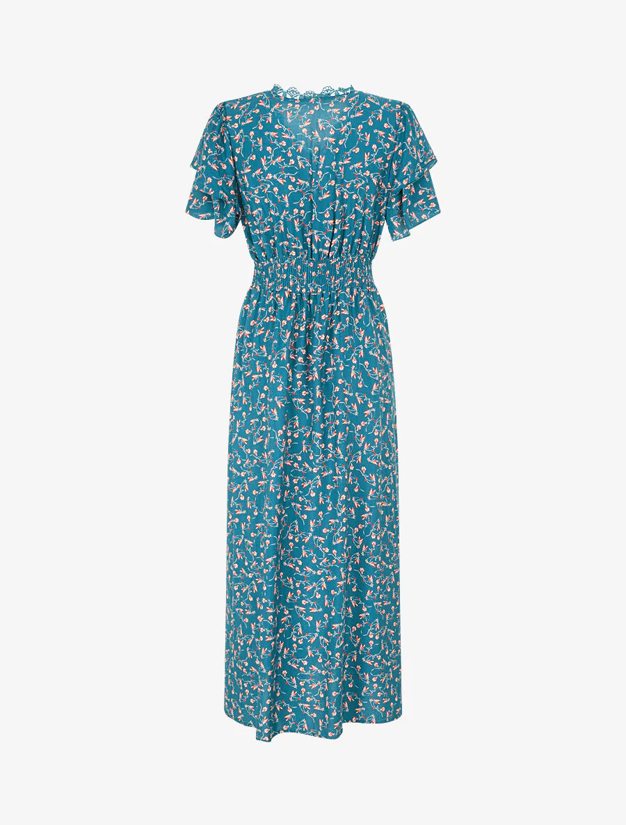 Robe longue élastiquée imprimé fleuri - Bleu canard - Image 3