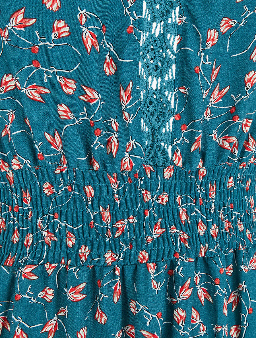 Robe longue élastiquée imprimé fleuri - Bleu canard - Image 4