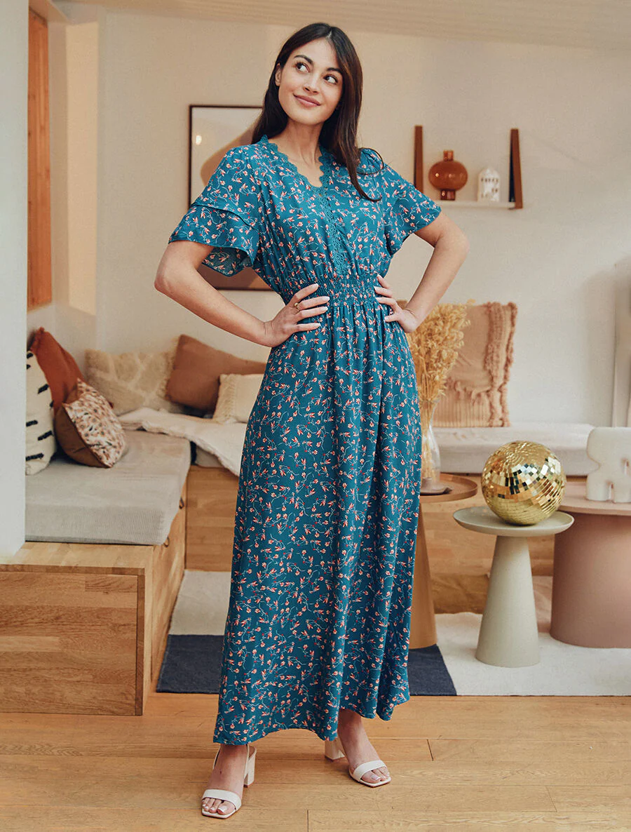 Robe longue élastiquée imprimé fleuri - Bleu canard - Image 5
