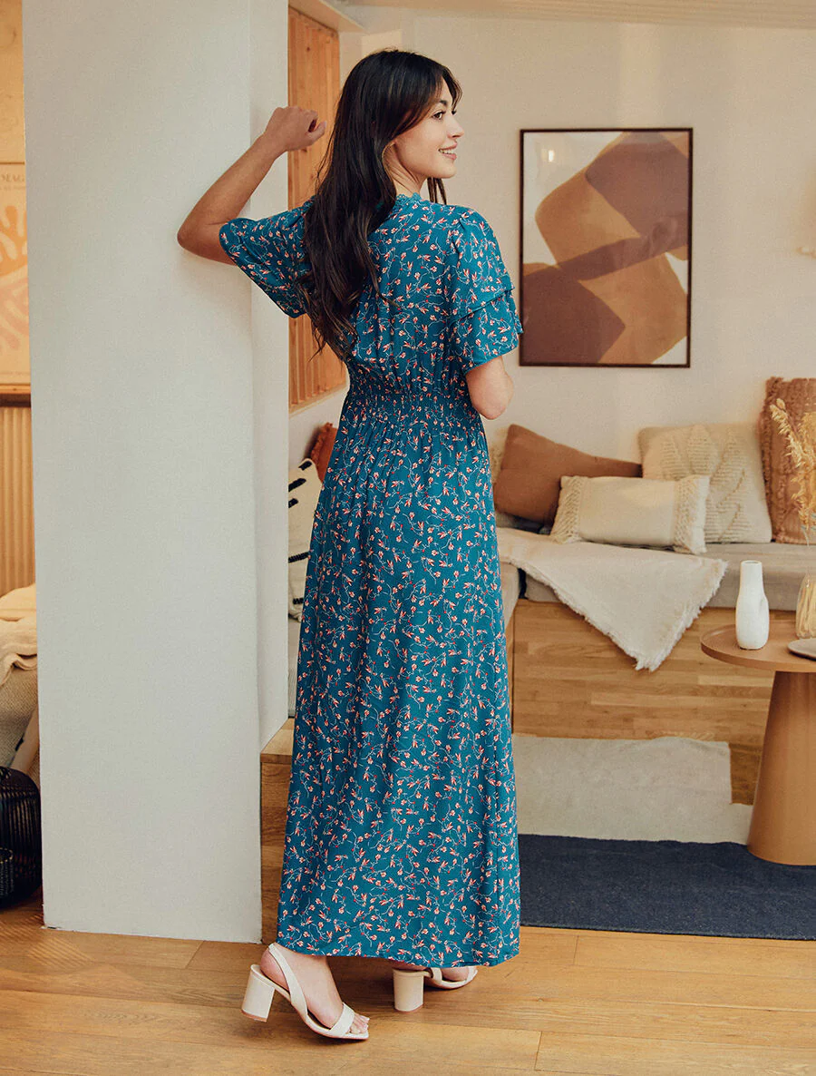 Robe longue élastiquée imprimé fleuri - Bleu canard - Image 6