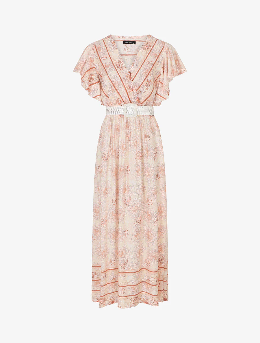 Robe longue élastiquée imprimé floral - Marron