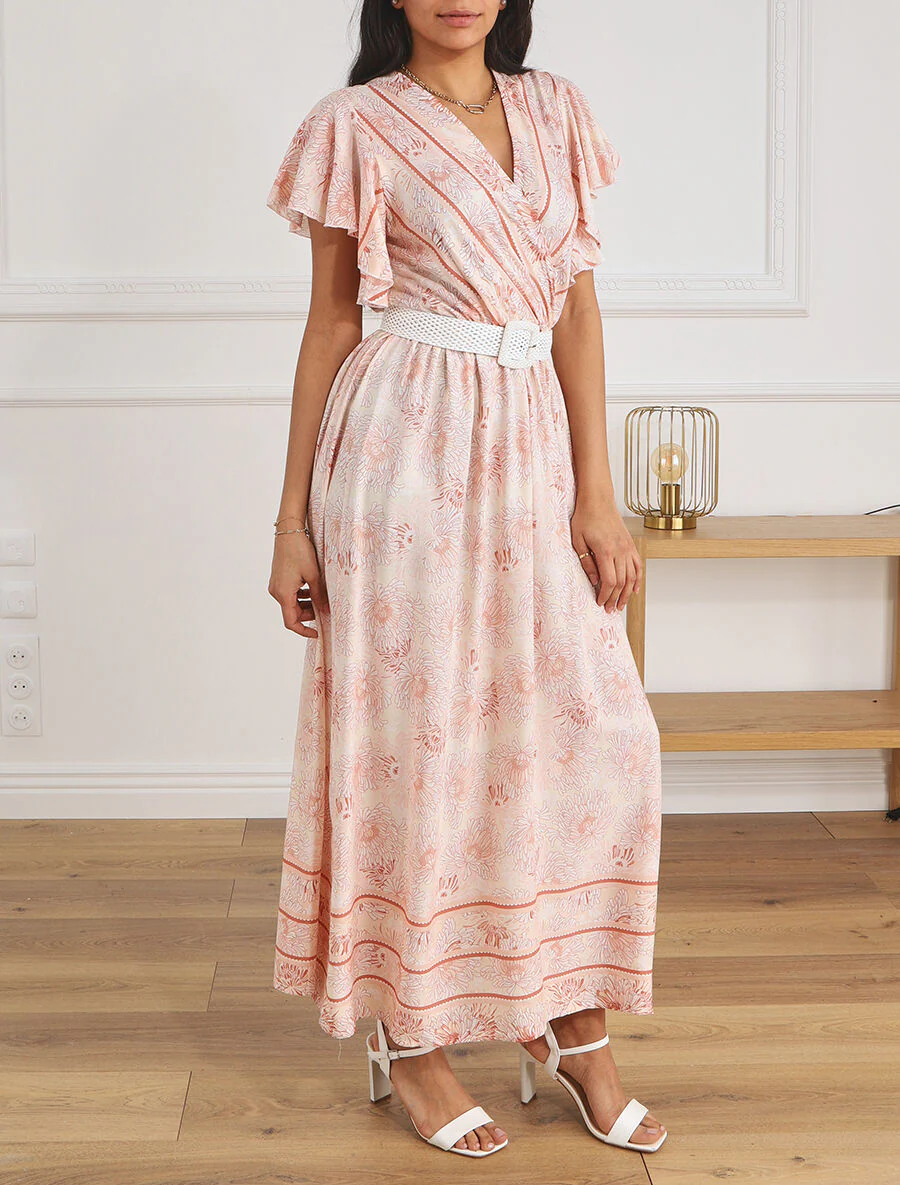 Robe longue élastiquée imprimé floral - Marron - Image 4