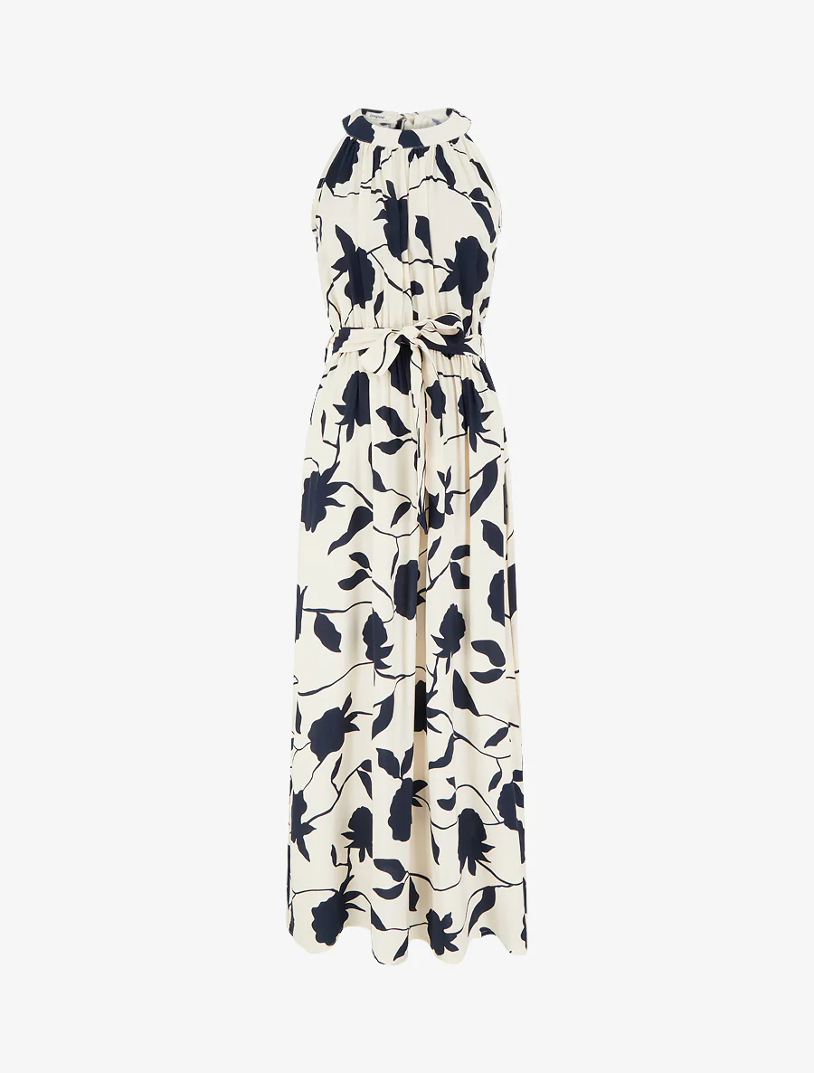 Robe longue élastiquée imprimé floral - Marine