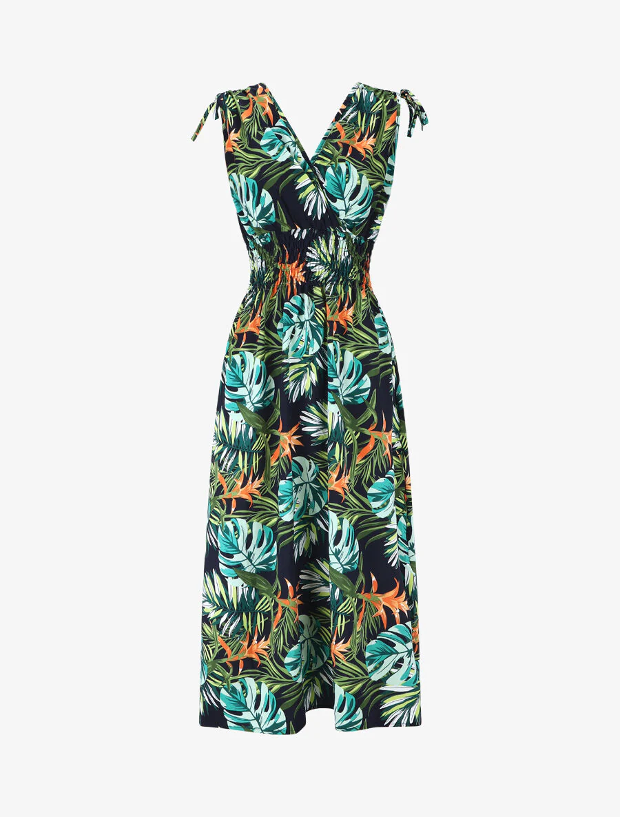Robe longue élastiquée imprimé tropical - Vert